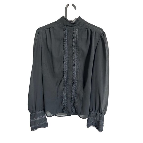 Hunters Run Tops - Vintage Black Ruffle High Neck Sheer Blouse Size S EUC